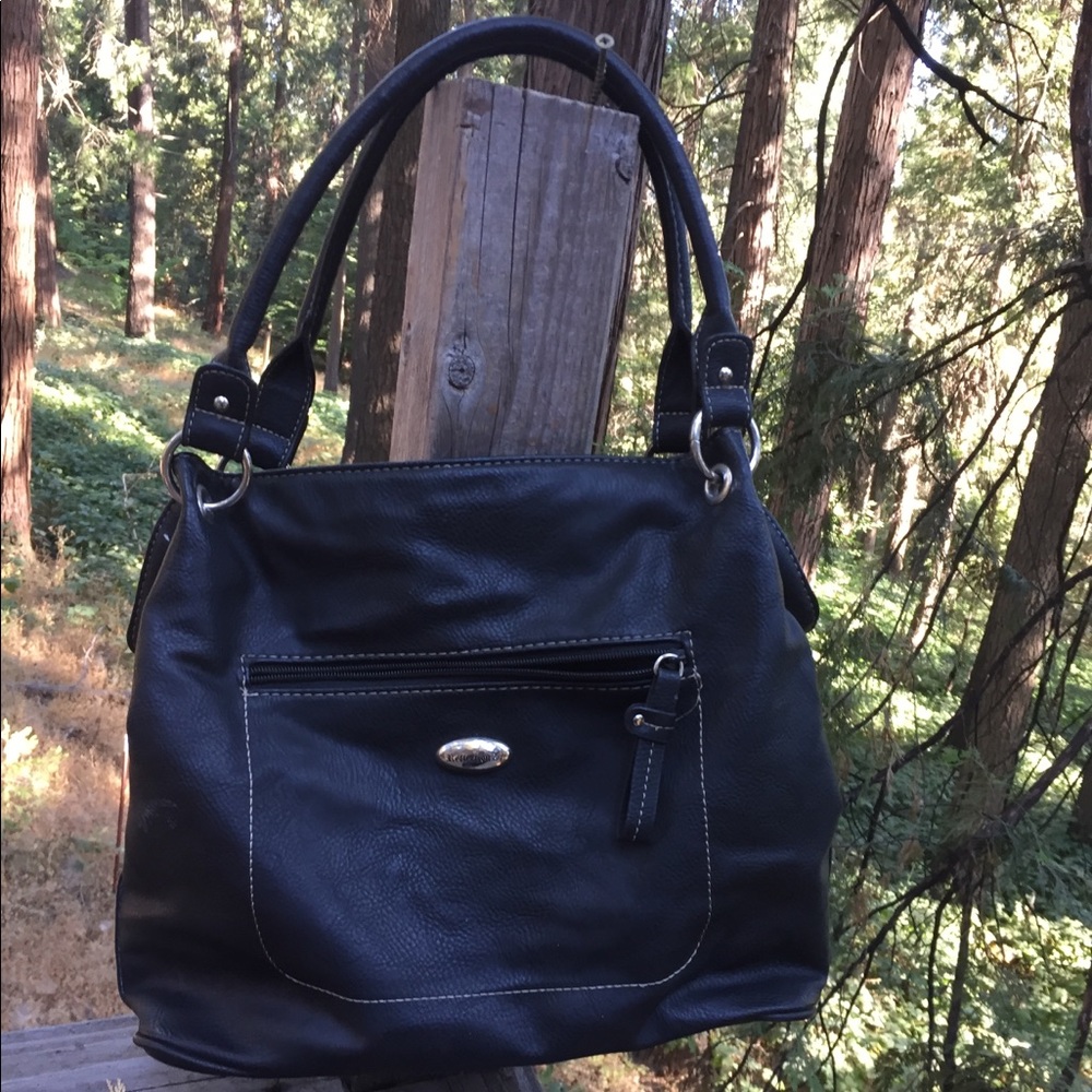 Reflections large black tote curved  black leather shoulder bag